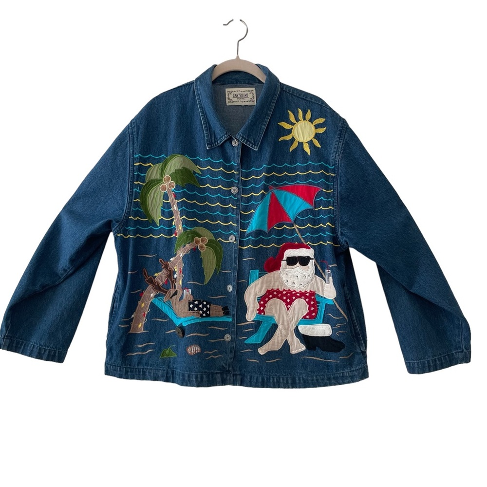 Santa Beach Denim Button Down Jacket So Cute Embr… - image 3